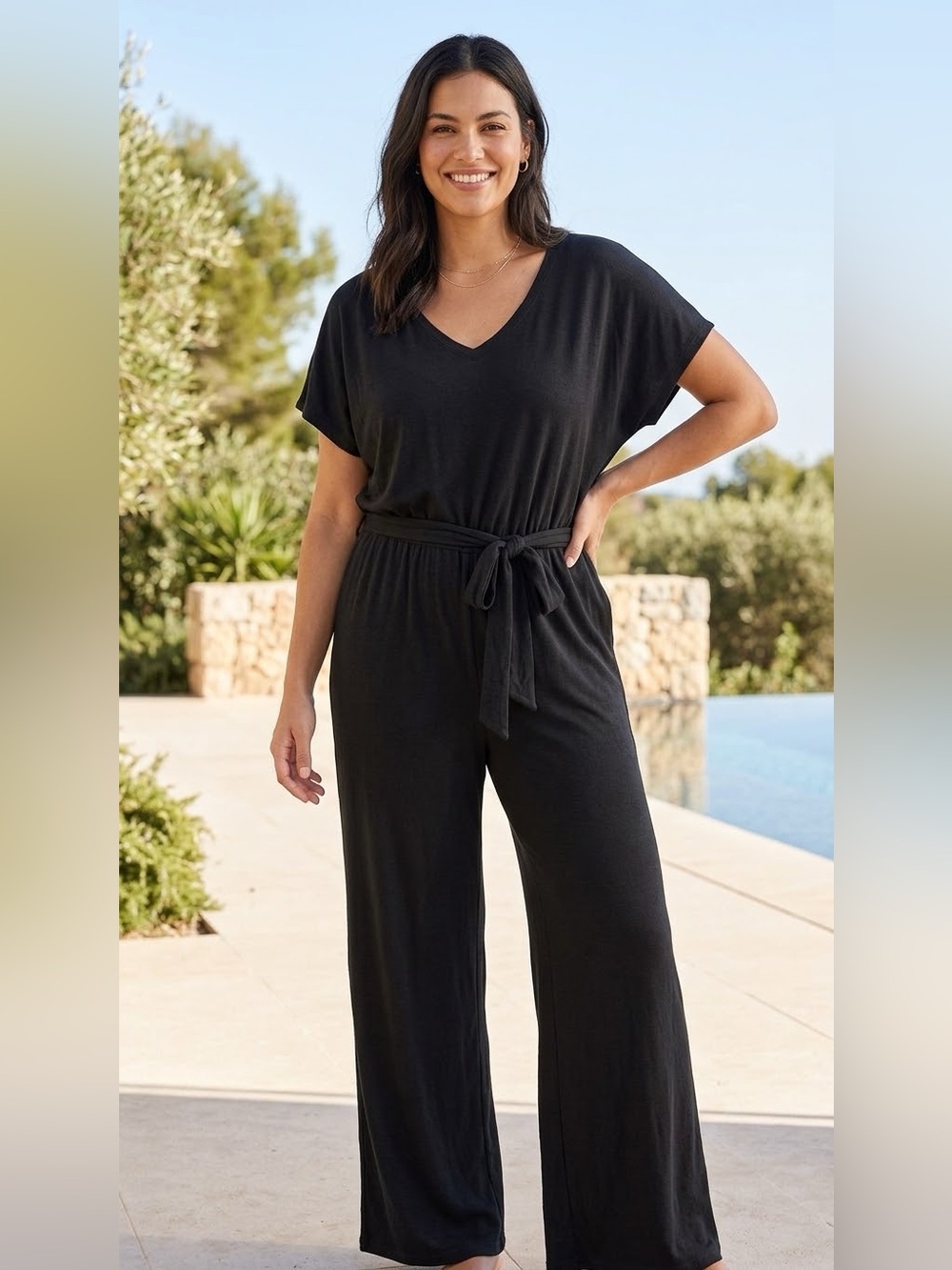 Cuddl Duds® Women's Wide Leg Jumpsuit V-Neck Waist Tie Black Size XL Brand New